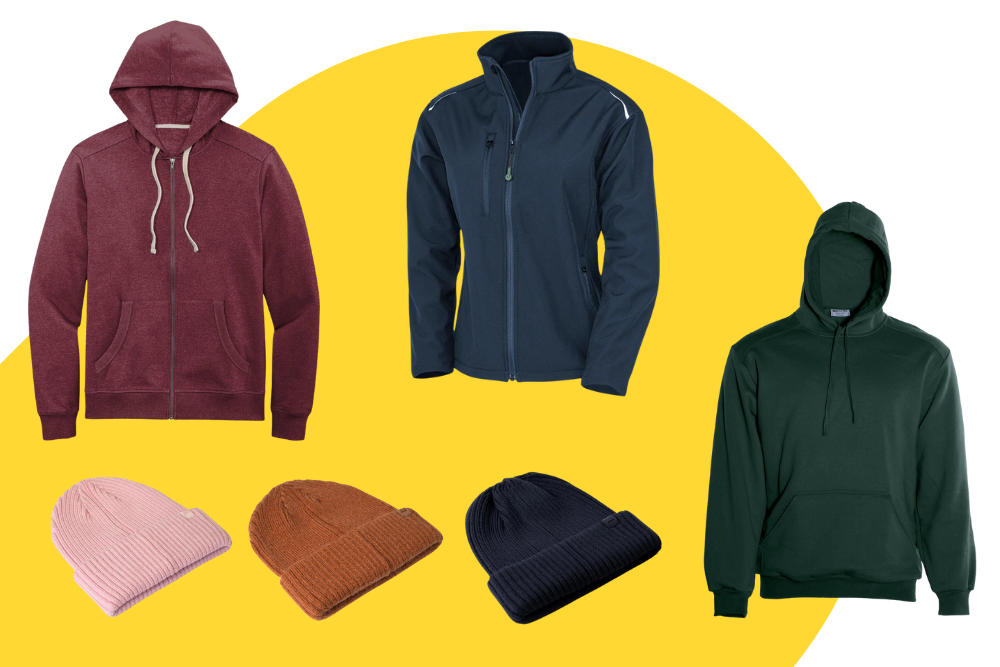 A collage of three hoodies and three beanies.