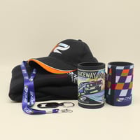 A set of branded merchandise items, including a black cap, a lanyard, two drink coolers, and keychain bottle openers, all featuring the logo and colours of a motorsport-themed brand.