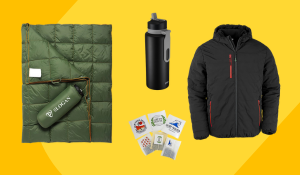Winter merchandise ideas: Jacket, tea bags, camping blanket, stainless steel bottle.